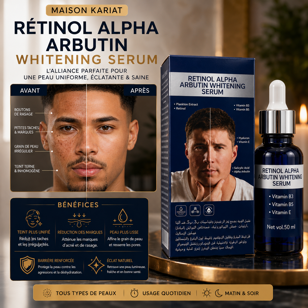 Sérum Visage au Rétinol & Alpha-Arbutine – Teint Unifié, Éclat & Imperfections